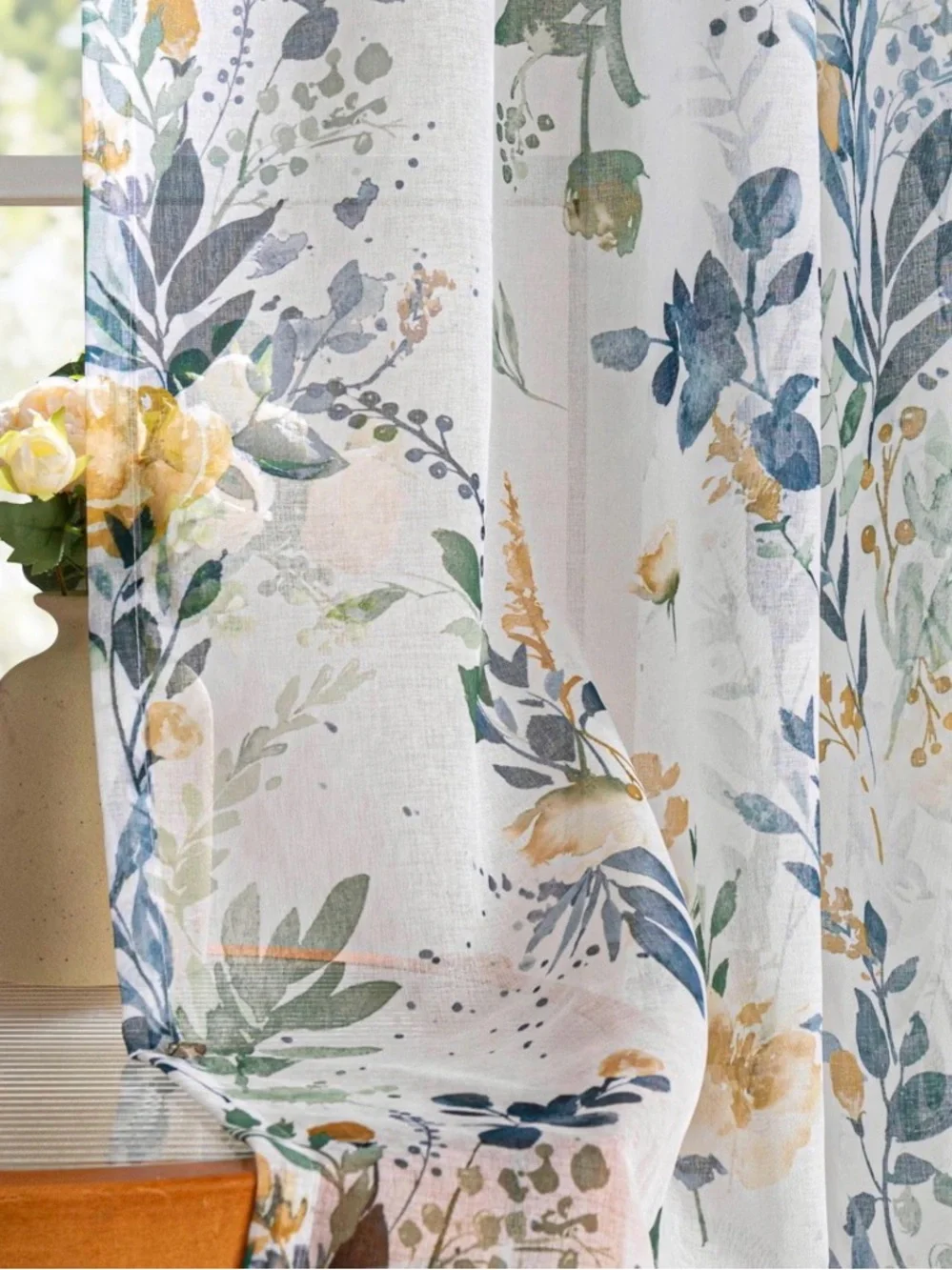 MYSKY HOME Floral Sheer Curtains - Yellow & Blue, 63